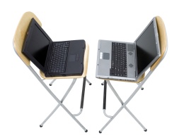 open standing on bar stools laptops